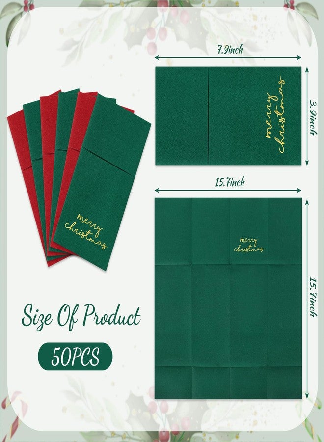 JarThenaAMCS مناديل جارثينا إيه إم سي إس، 50 قطعة، بتصميم كتان ناعم الملمس، مطلية برقائق ذهبية، للاستخدام مرة واحدة، مصنوعة من ورق مقوى خفيف الوزن، باللونين الأحمر والأخضر، مطوية مسبقًا، مع جيب مدمج لأدوات المائدة، مثالية لمستلزمات حفلات عيد الميلاد الشتوية. - Image 2